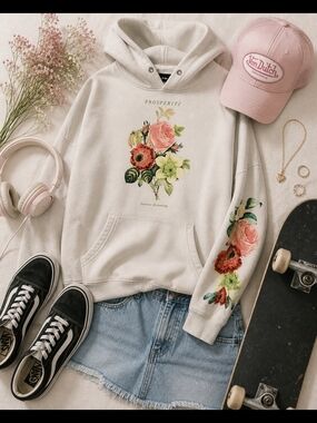 Women’s Floral Graphic Hoodie - Prosperity Print in Cream